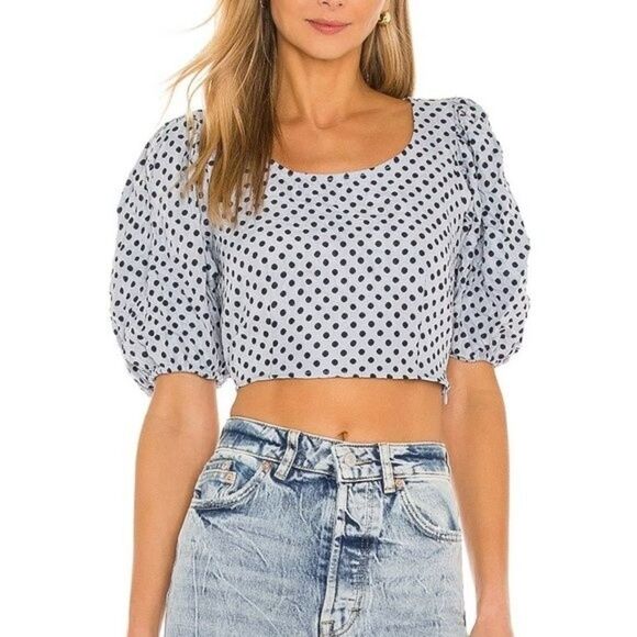 Free People Tops - FREE PEOPLE Top Womens 2 Dusty Blue Polka Dot Puff Sleeve Blouse Cropped Shirt